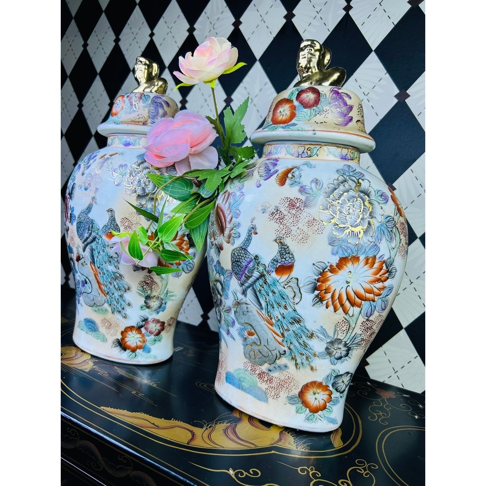 Vintage Chinoiserie Peacock Ginger Jars Gold Foo Dog Lid Pair 15.5" - Picture 16 of 17